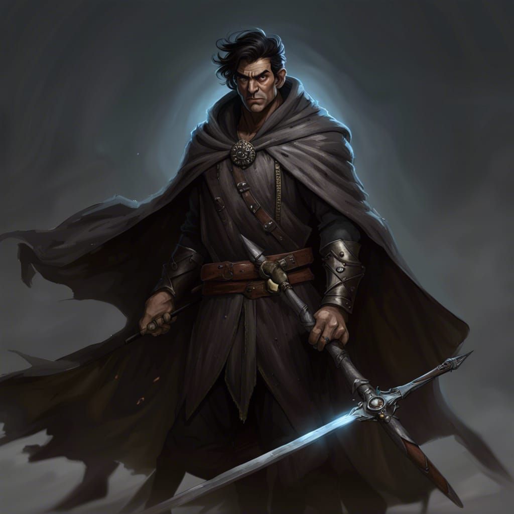 stocky man, gray skin, black hair, big nose, brown cloak, cane, sword ...