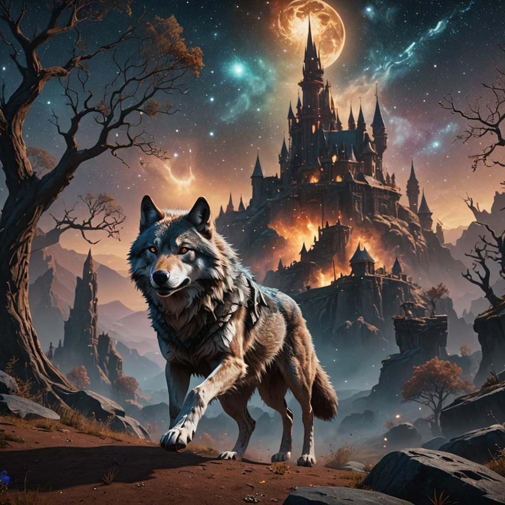 A wolf prancing in the stars