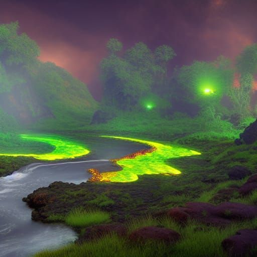 lava river in the green meadow