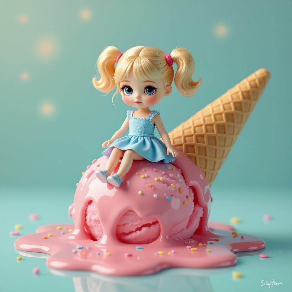 Miniature Doll on Strawberry Ice Cream in Whimsical Digital ...