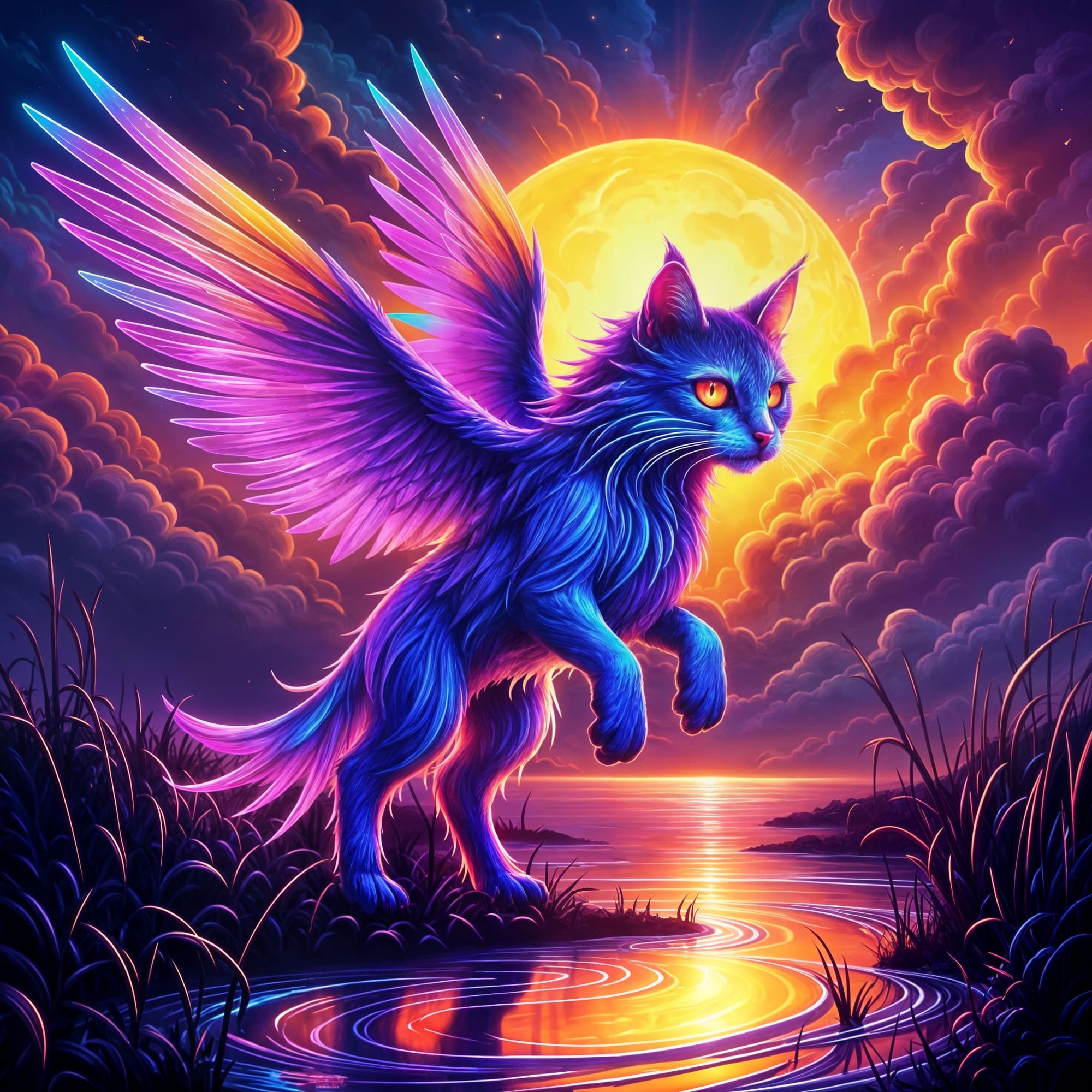 A Catbird with glass like wings stands on the shore  waiting to snare an unwary fish. (Neon Cosmic Cat #2)
