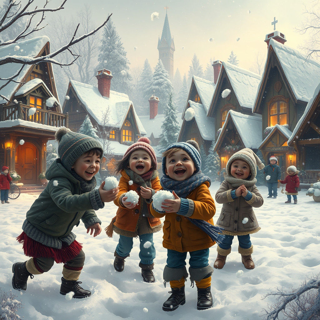 Whimsical Winter Snowball Fight in Matte Painting Style