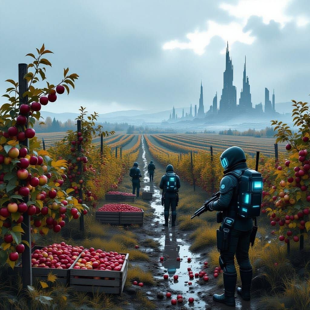 The view of an endless field with lines of apple trees. People in simple clothing pick apples. Two guards in sci fi tactical gear monitor th...