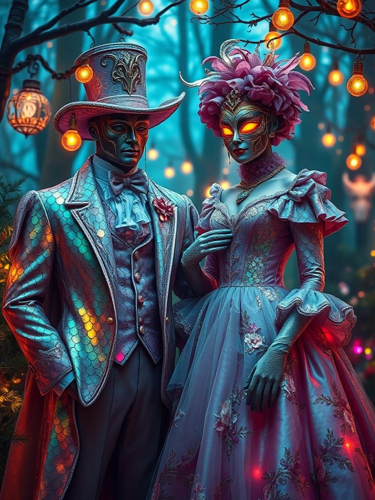 Elegant Venetian Couple in Mystical Christmas Forest