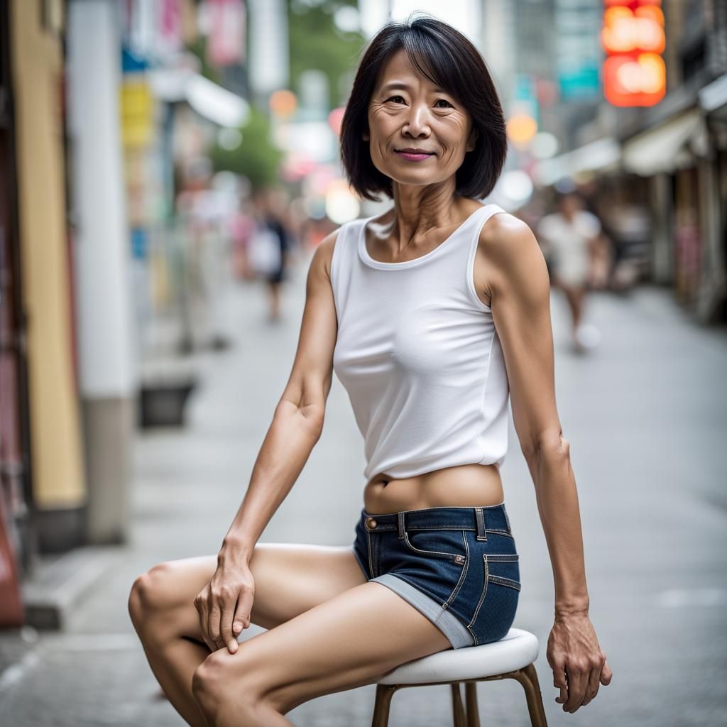 Capture the essence of a petite short and cute 46-year-old Asian lady in a  raw, candid 50mm Fujifilm photo. Emphasize her striking beauty, s... - AI  Generated Artwork - NightCafe Creator