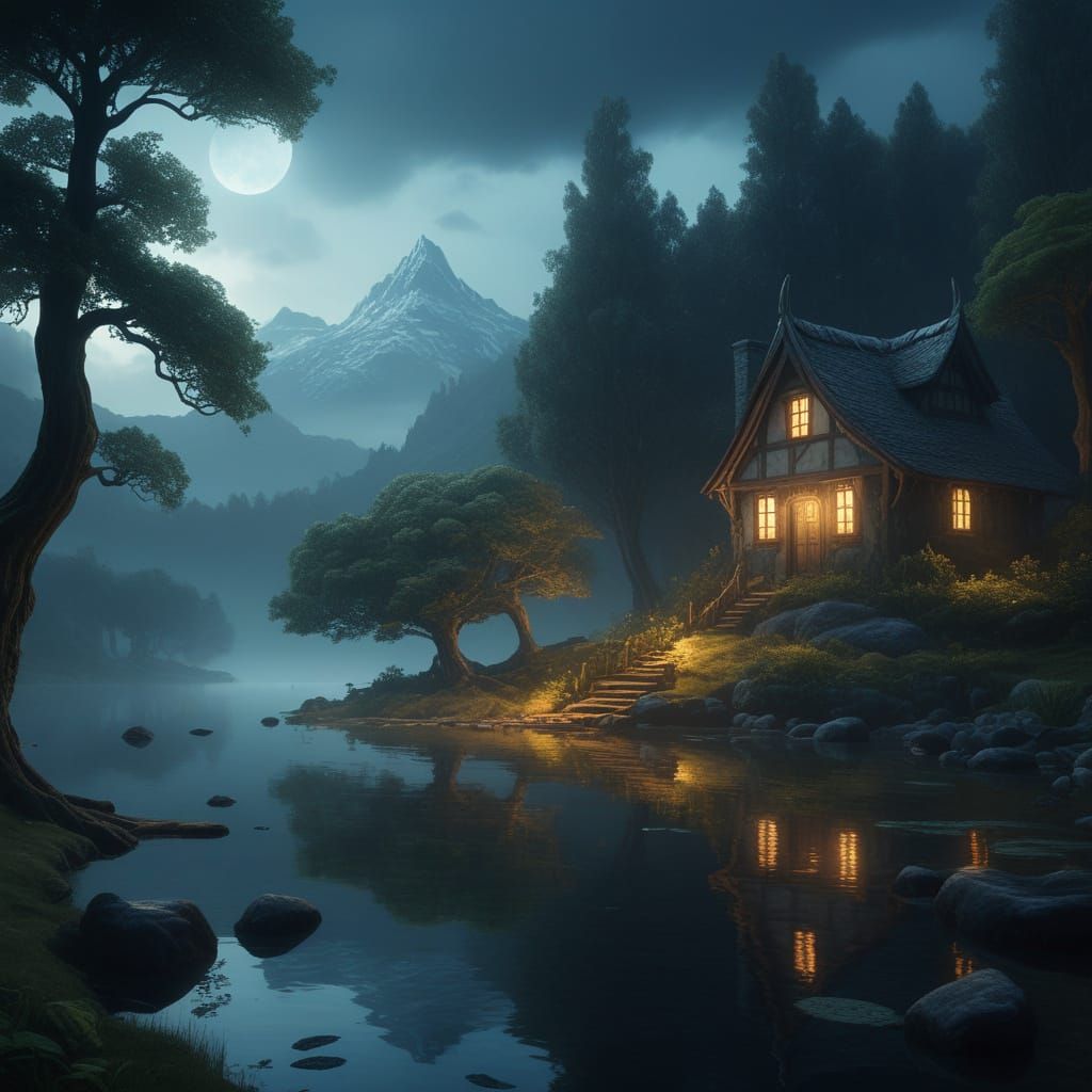 A solitary elven cottage nestled beside a tranquil, mist-shrouded lake at twilight. 