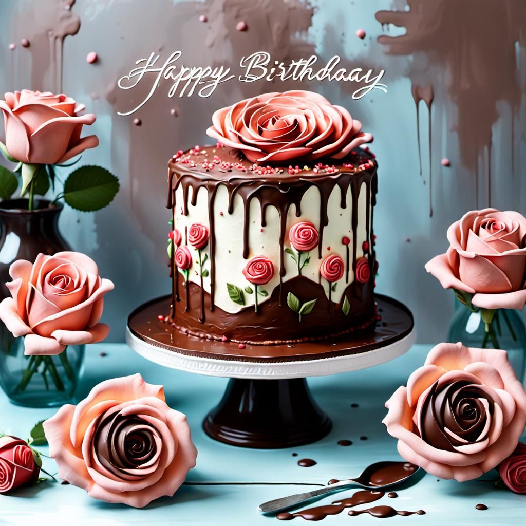 Text "Happy Birthday" oil painting, thick dobs paint. chocolate rose