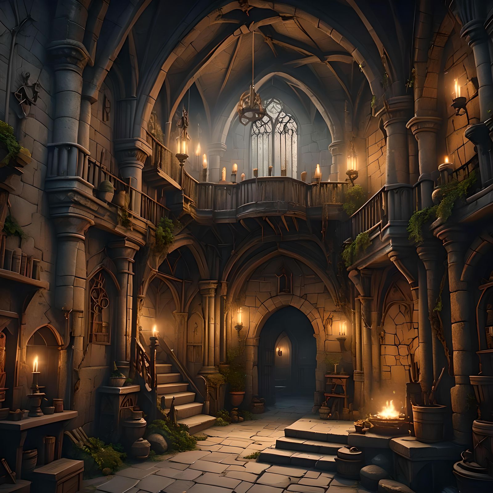 A medieval fantasy lair, secret passages, cobwebs, torches to light the way. High resolution.   by @Irene