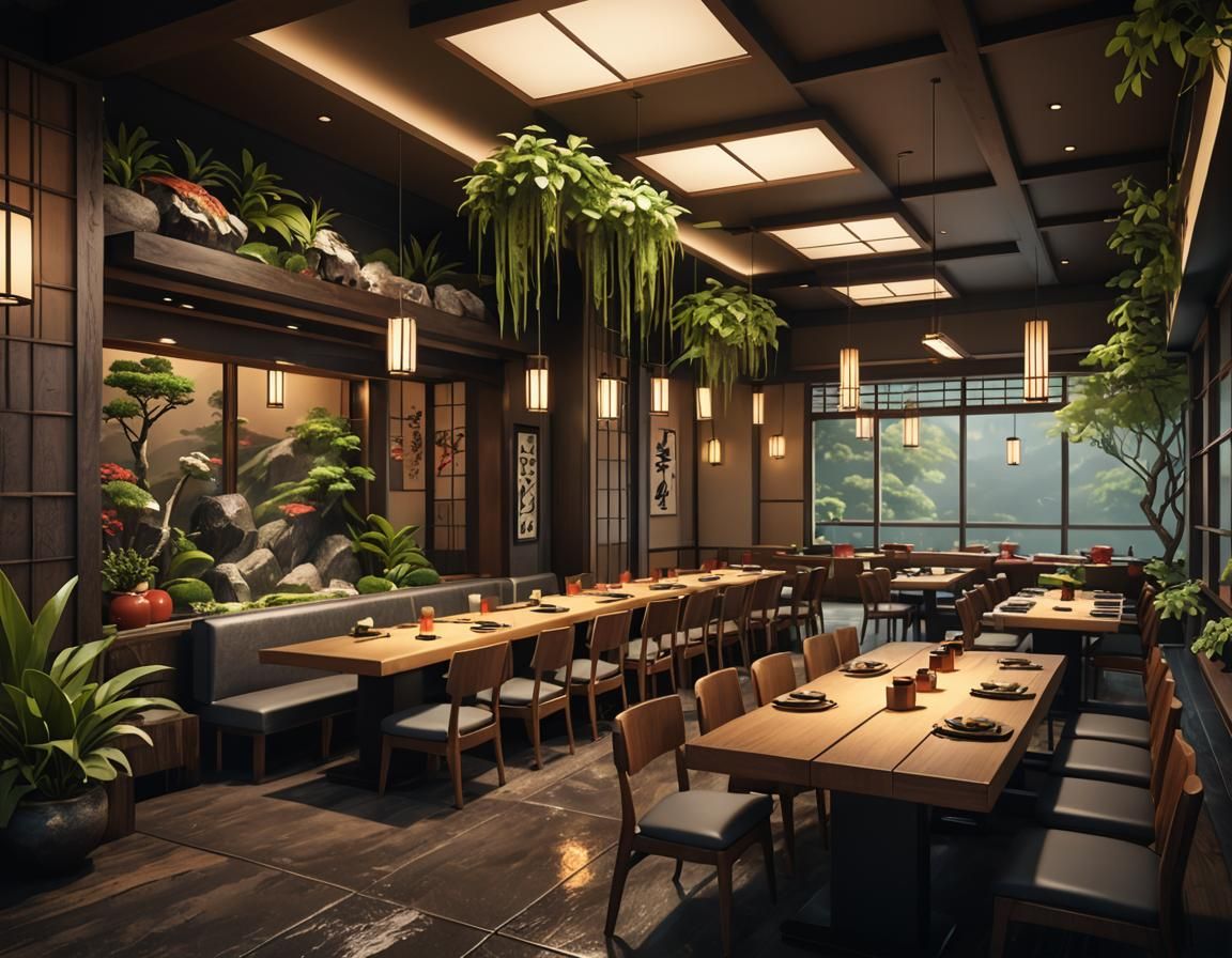 warm clean corporate minimalist japanese sushi lounge with b...