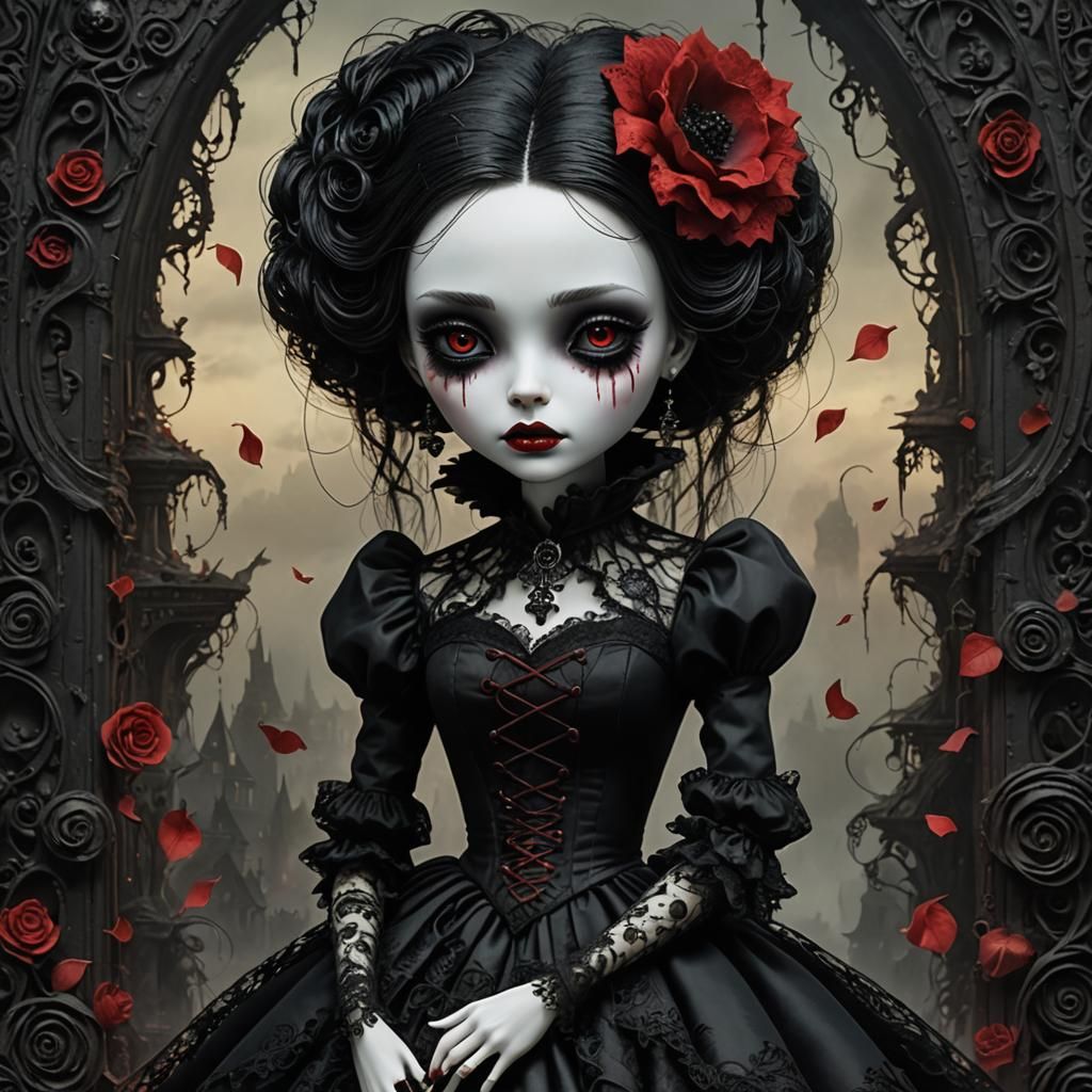Goth Woman Hugging Doll in Beksiński Style