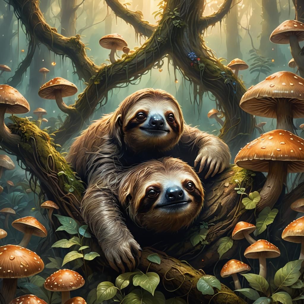 Sloth in Mystical Forest with Glowing Mushrooms