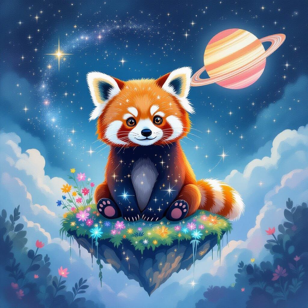 A whimsical red panda, adorned with tiny, glowing constellations on its fur, sits atop a floating island adrift in the cosmic void. Biolumin...