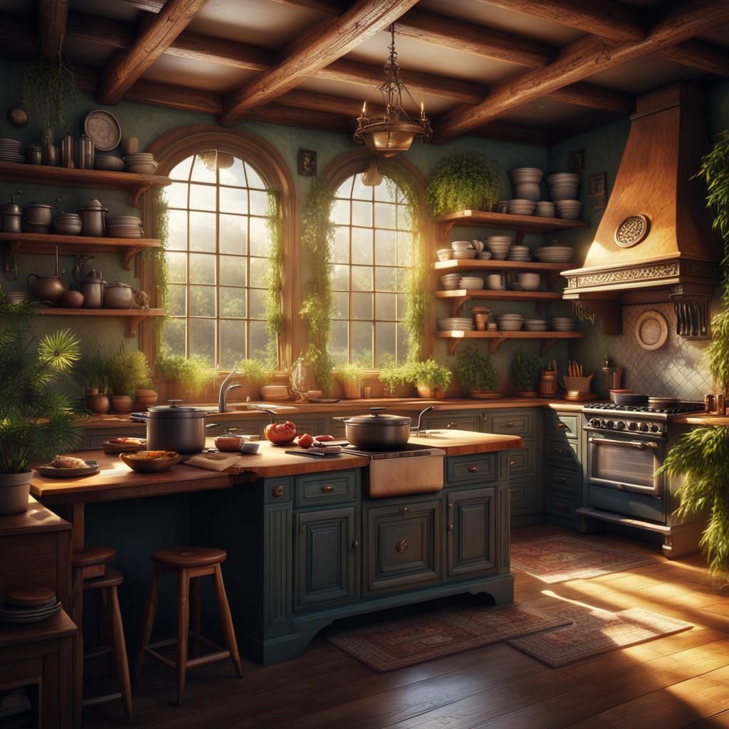 cozy kitchen, bright, wood, central island, windows, greenery, range ...