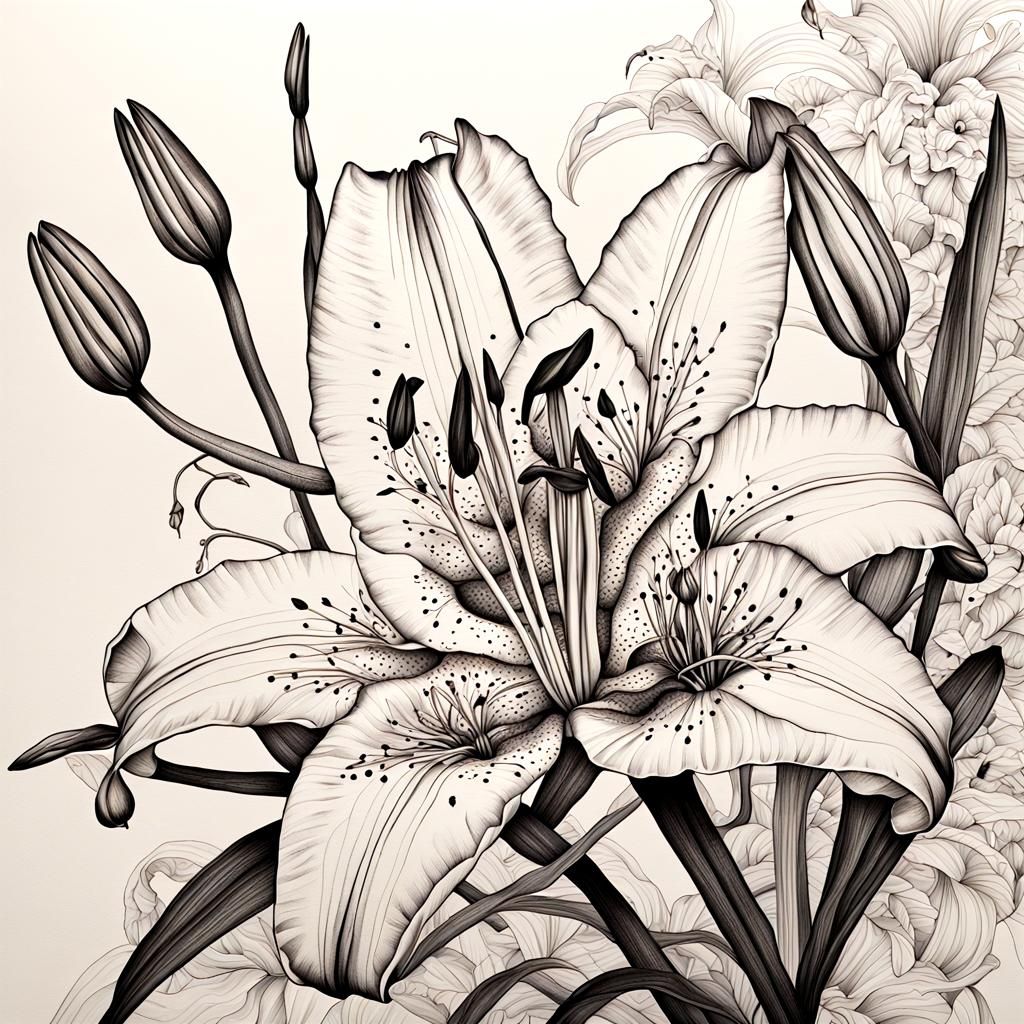A detailed and intricate artwork that combines elements of a beautiful alien as a Lilium 'Forever Susan' ...  by @Carrie David Parr 