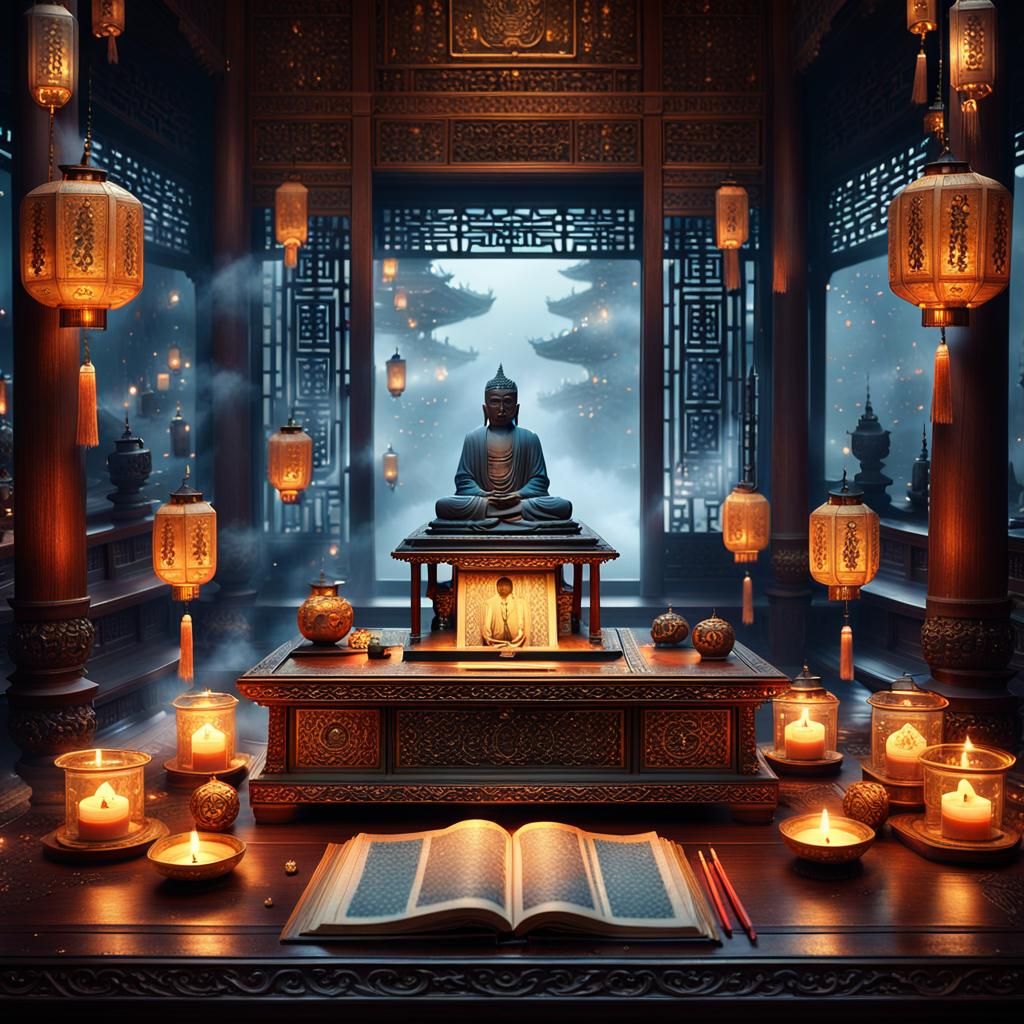 Epic Buddhist Library in Cinematic Detail