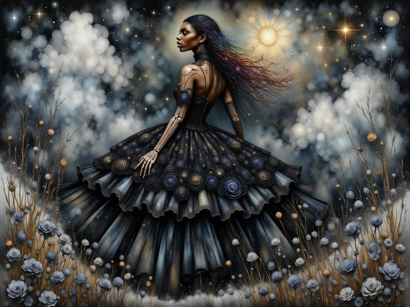 <lora:Dress Intensity:1.0> <lora:Shadow whimsy:1.0> <lora:Crinkled Metallics:1.0> <lora:Dreamy Intensity:1.0> Watercolor dynamic drawing fan...