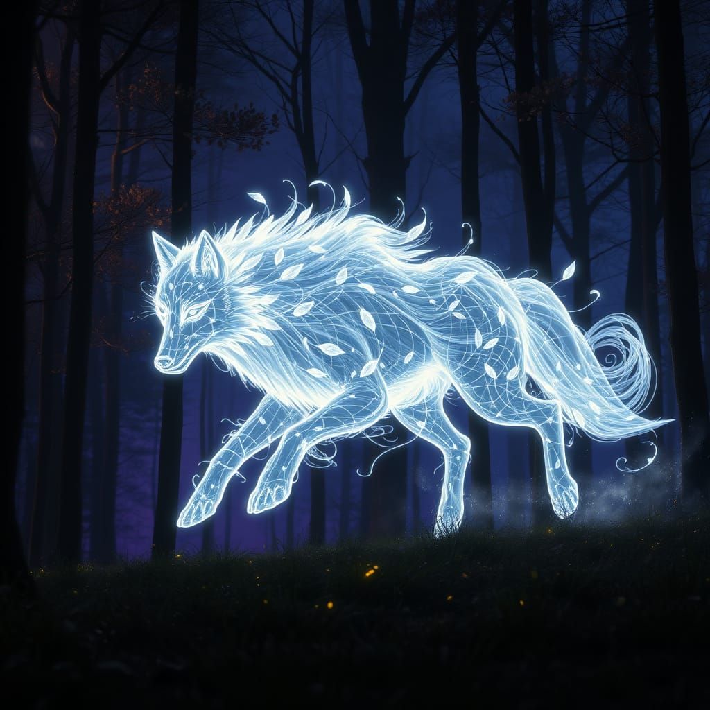 Night. A mystical scene of the wind taking the shape of a wolf made entirely of glowing white leaves, running through an enchanted forest, l...