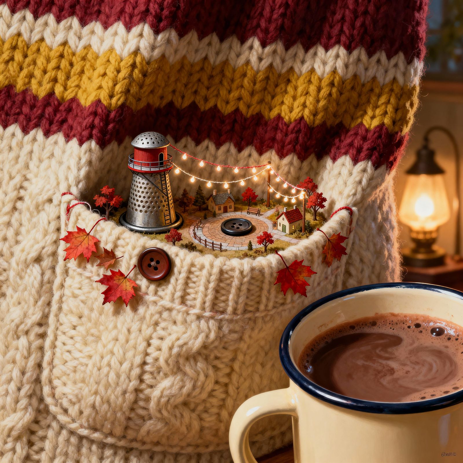 A chunky knit sweater pocket houses a mini village  by @grl_pwr