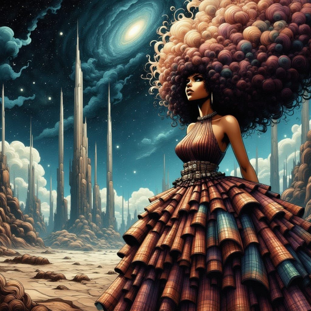 An ethereal woman, her form composed of swirling cosmic dust and nebulae, stands on a desolate, alien planet. Her gown is woven from starlig...