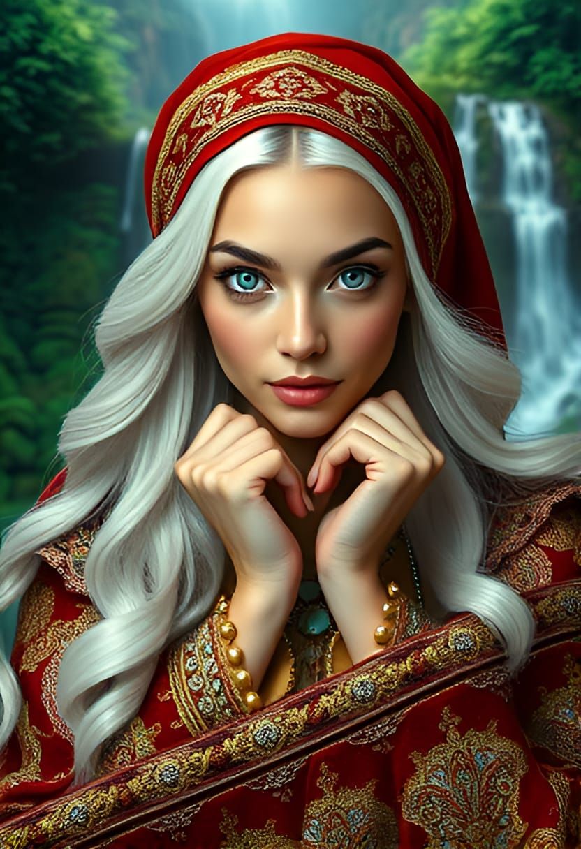 The image depicts a beautiful woman with long...