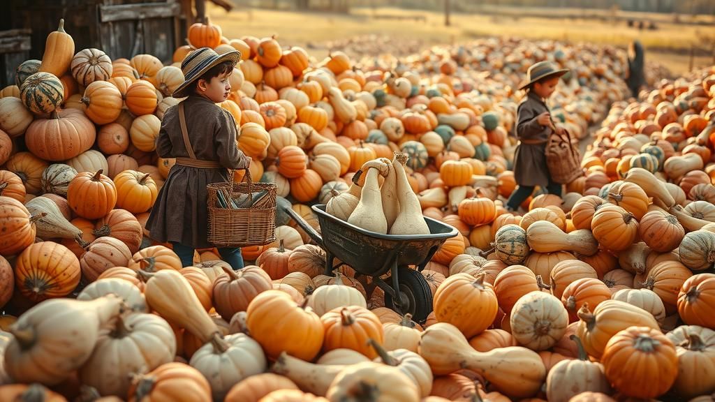 piles of various gourd types and colors with children bringing more gourds, intricate details, HDR, beautifully shot, hyperrealistic, sharp...