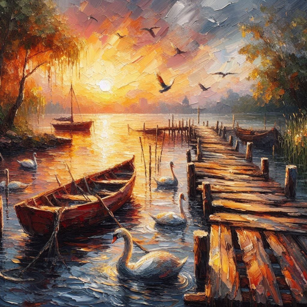Sunset, Lake and swans  by @Artscreator