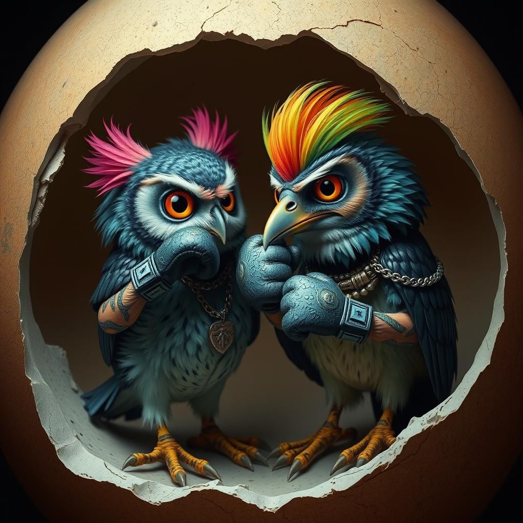 Baby Owl and Raven Boxing Match: Digital Art