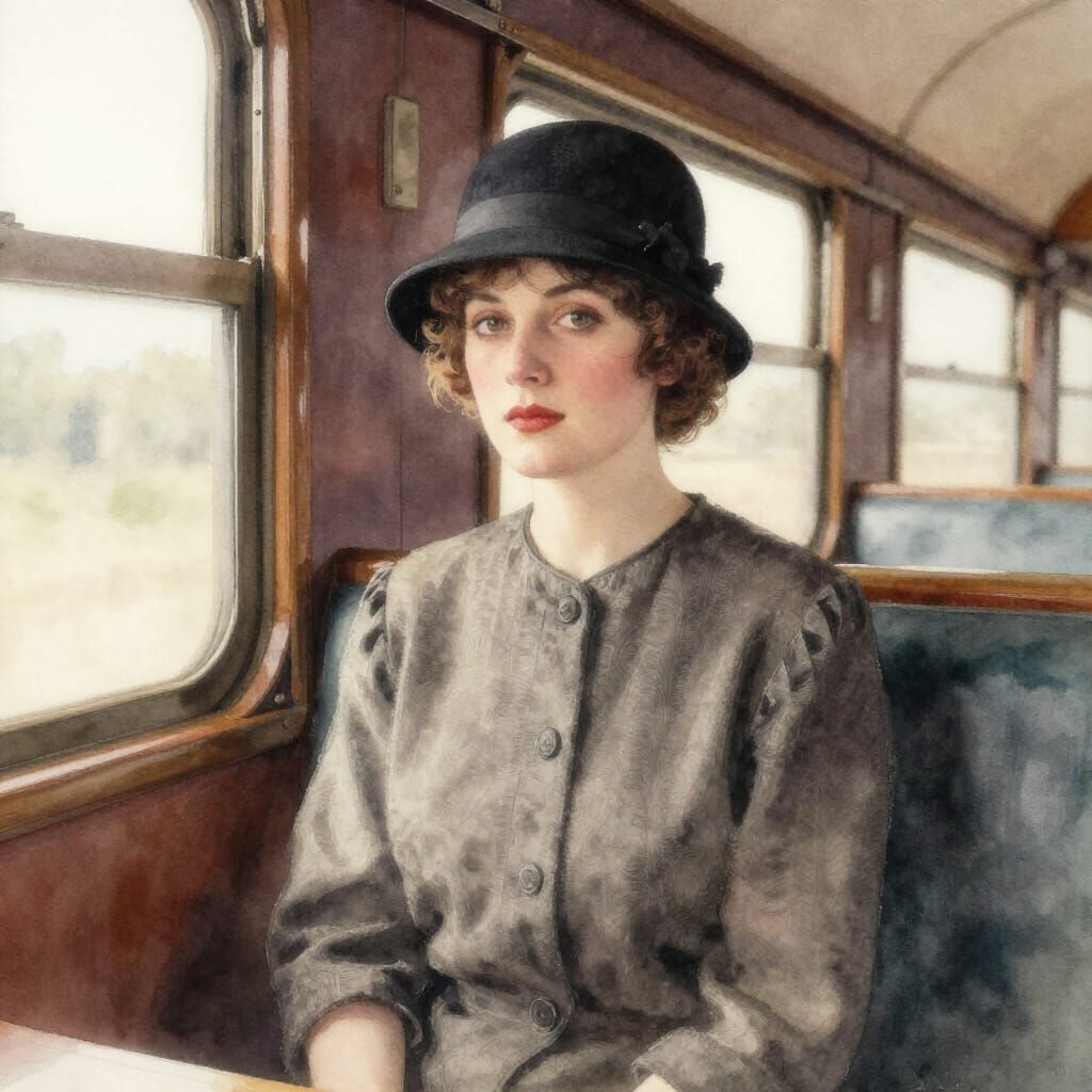 A portrait of a woman in the 1920’s wearing a cloche hat sitting on a 1920’s train. Vintage watercolour ...  by @Laurens-Corner