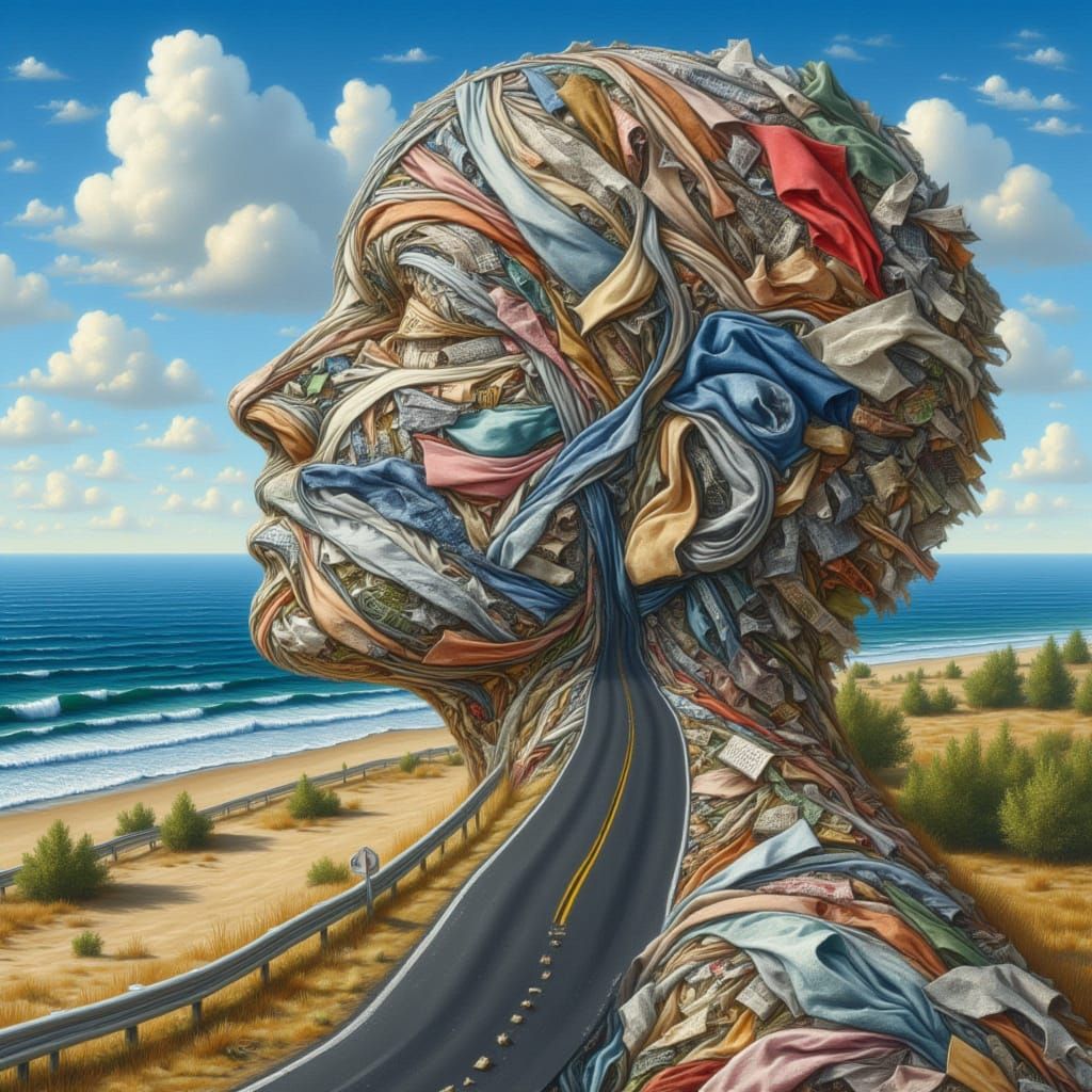 <lora:kak-FabricFace:1.0>Face created entirely of messy fabrics, clothes, trash patterns, junk, profile, a highway passing through the mouth...