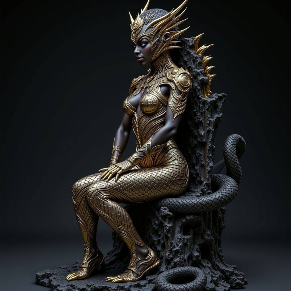<lora:True Metallics:1.0> a towering serpent queen coiled atop a crumbling throne of ancient obsidian, her scales shimmering with meticulous...