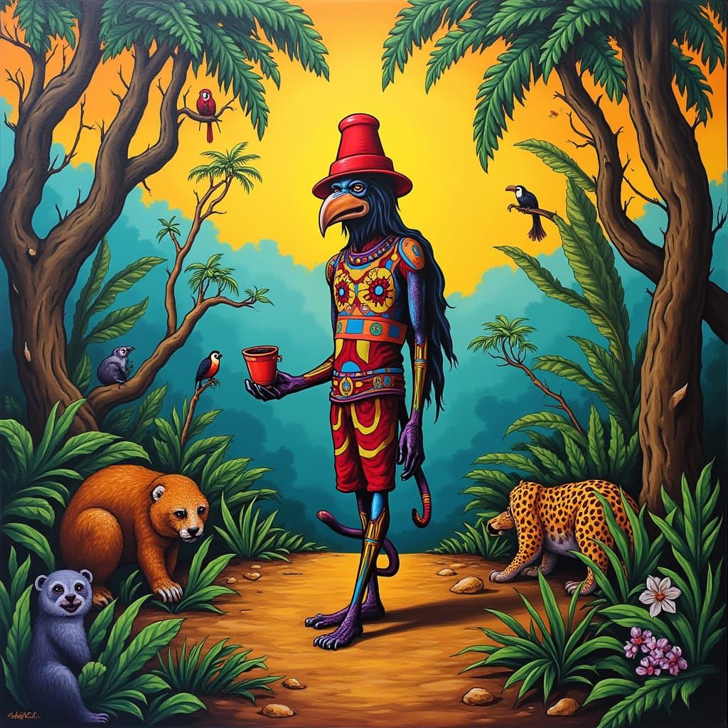 Pop art stile in vibran t colors picture a brazilian mythical fogure Saci Perere in the jungle surrounded by Tucano, Sloth, Capybara and Jag...