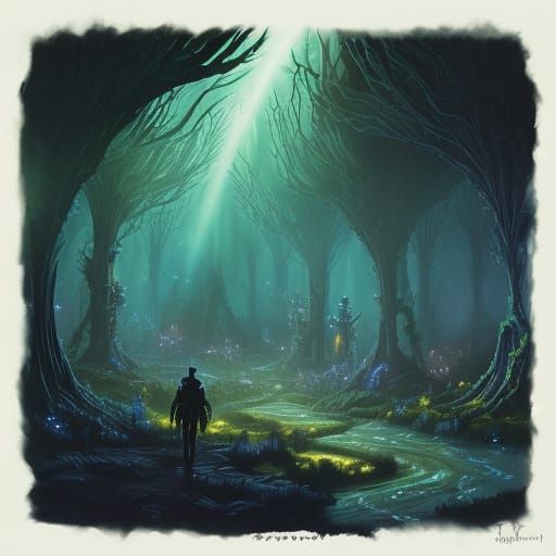 Watercolor and ink painting. A supervillain in his hideout in a majestic, ancient forest overgrown with bioluminescent flora, humming with f...