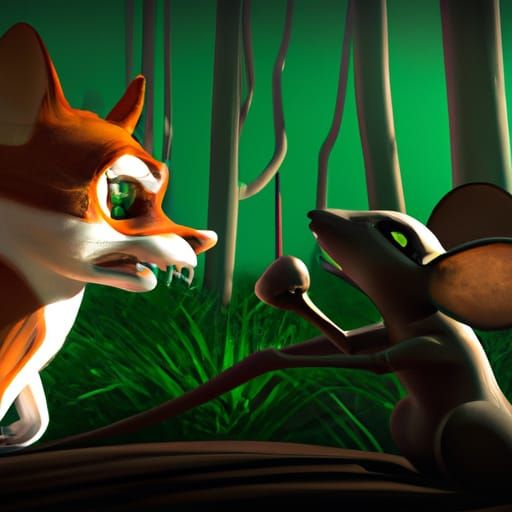 a brown mouse punching an evil green eyed fox in its face, i...