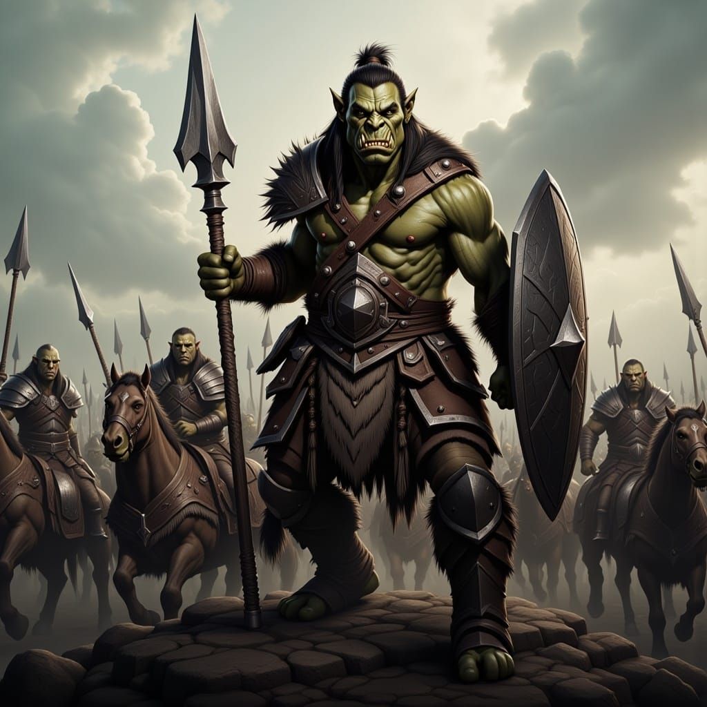 A Tolkien style with brownish grey skin orc warrior on the battlefield <lora:Flux orcs:1.0> 