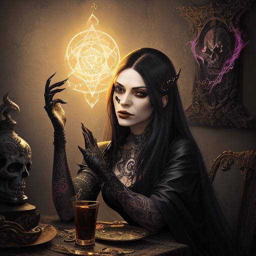 A portrait of a woman, envisioned as a tattooed vampire magi...