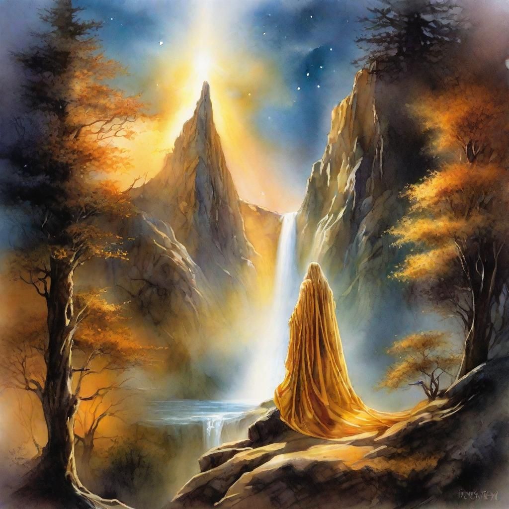 Ethereal Figure on Mystical Mountain in Watercolor Style