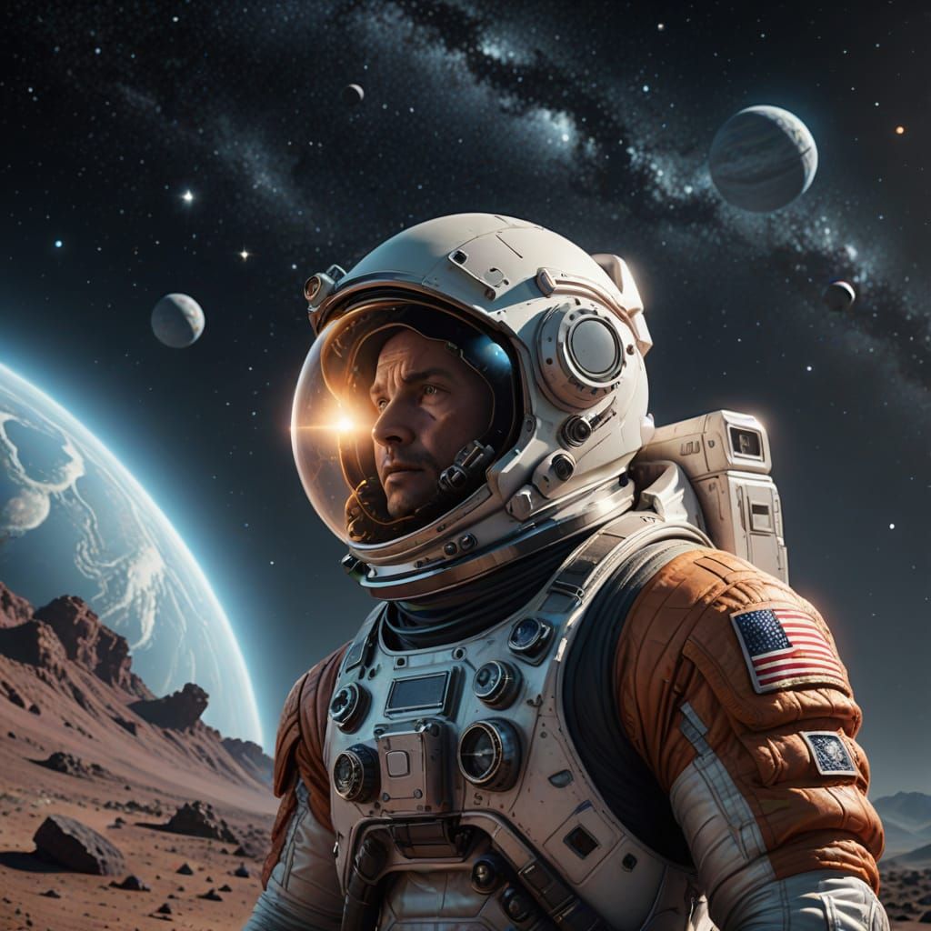 Mesmerizing realistic astronaut gazing at the sky on a Alien planet, cinematic lighting,missing his family on Earth 