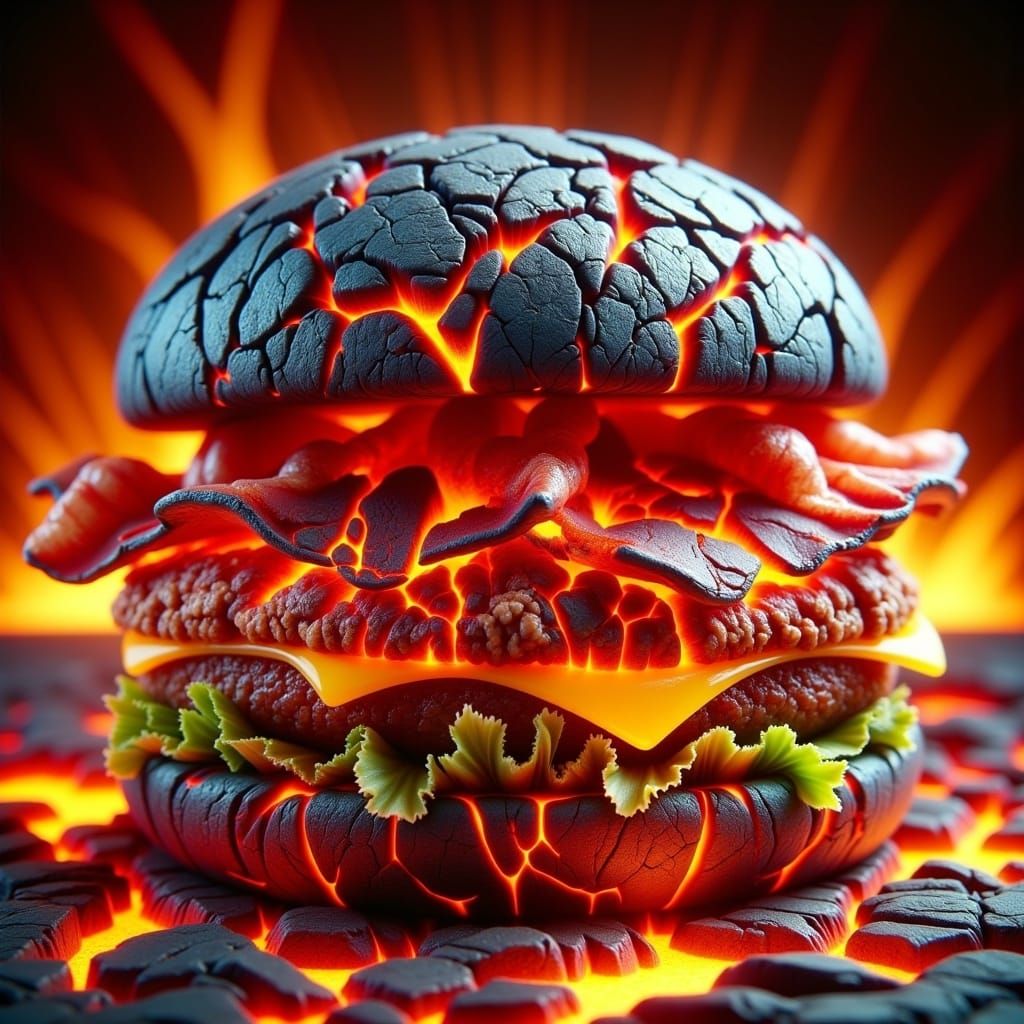  <lora:Magmafication Flux:1.0> a hamburger with bacon and pineapple, made out of cracked magma