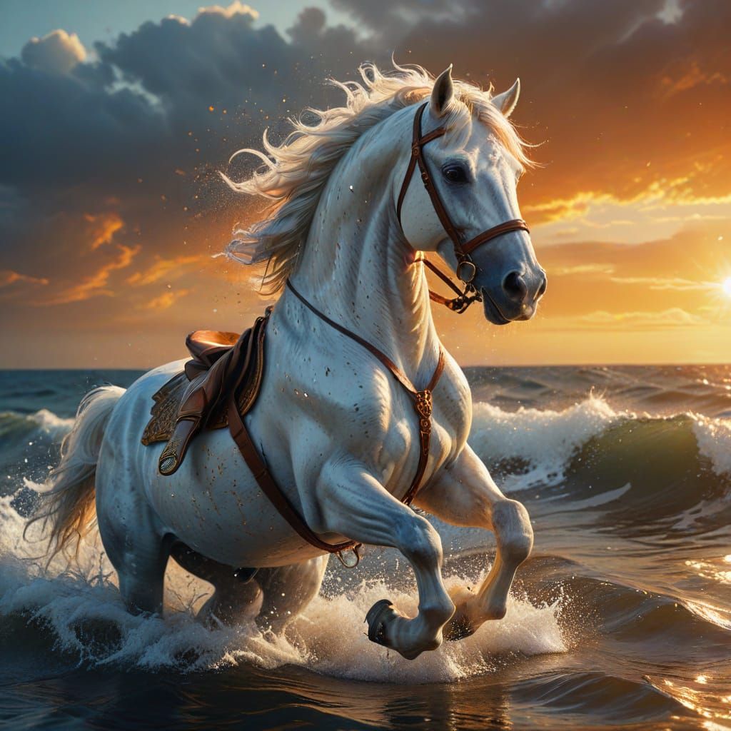 White Horse Knight Galloping on Sea in Golden Hour
