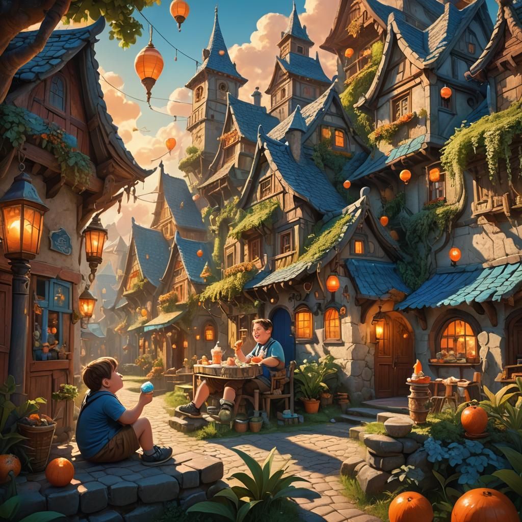 Fantasy Village: Kid with Ice Cream, Matte Painting
