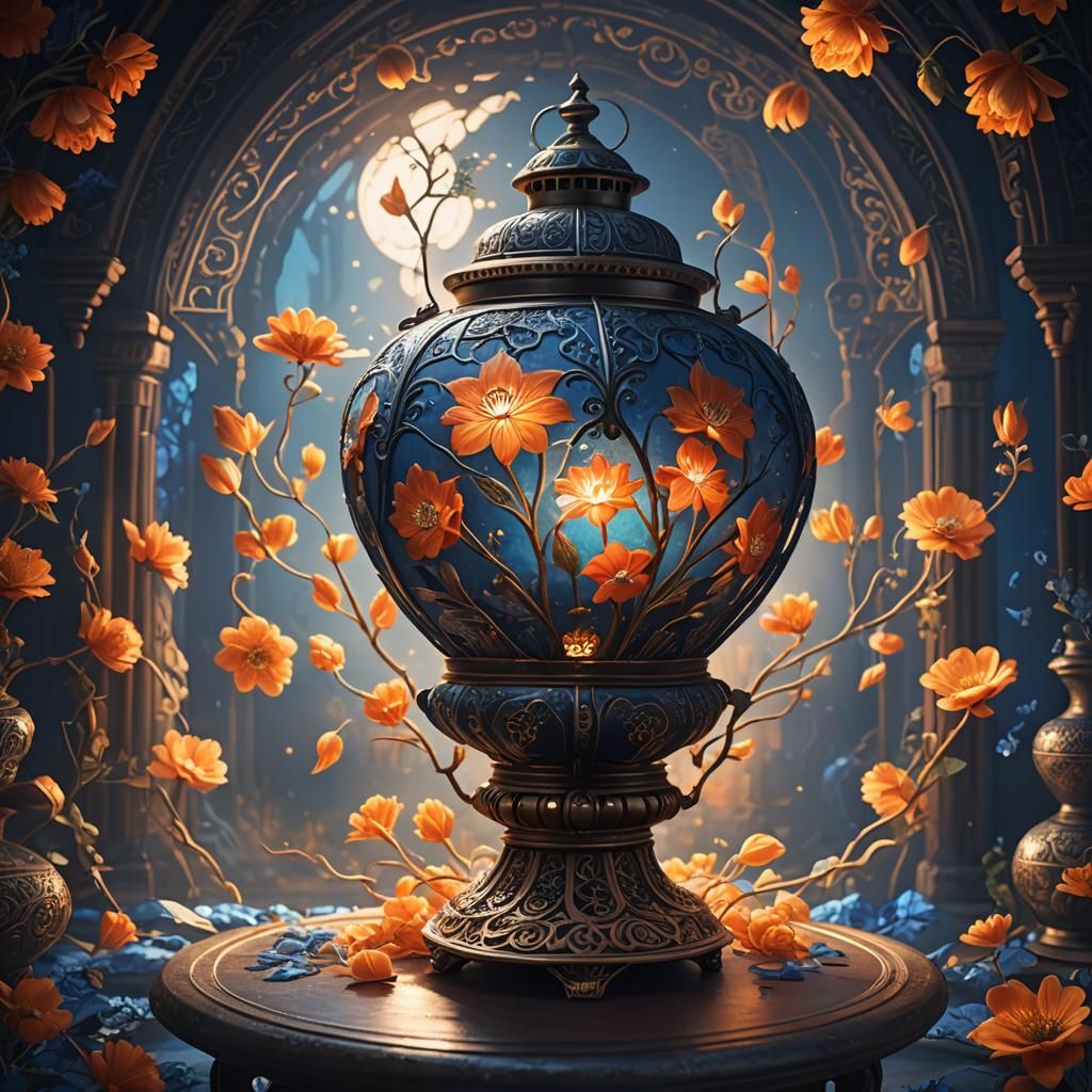 Luminous Flower Lantern in Ornate Vase: Fantasy Concept Art
