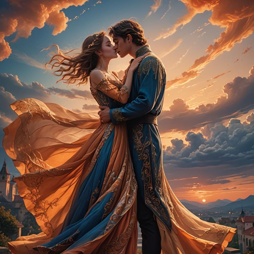 Romantic Sunset Kiss in Detailed Matte Painting Style