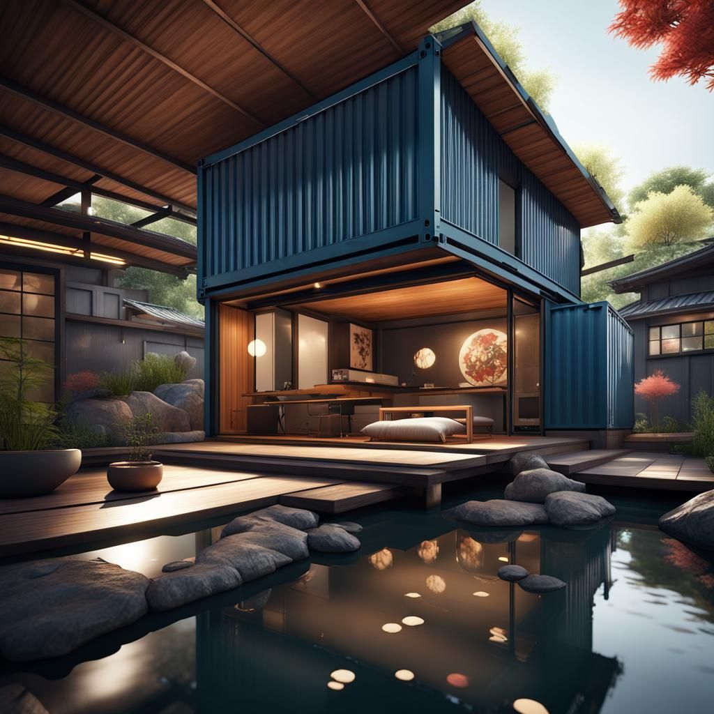container home with Japanese, modern, minimalist design with...
