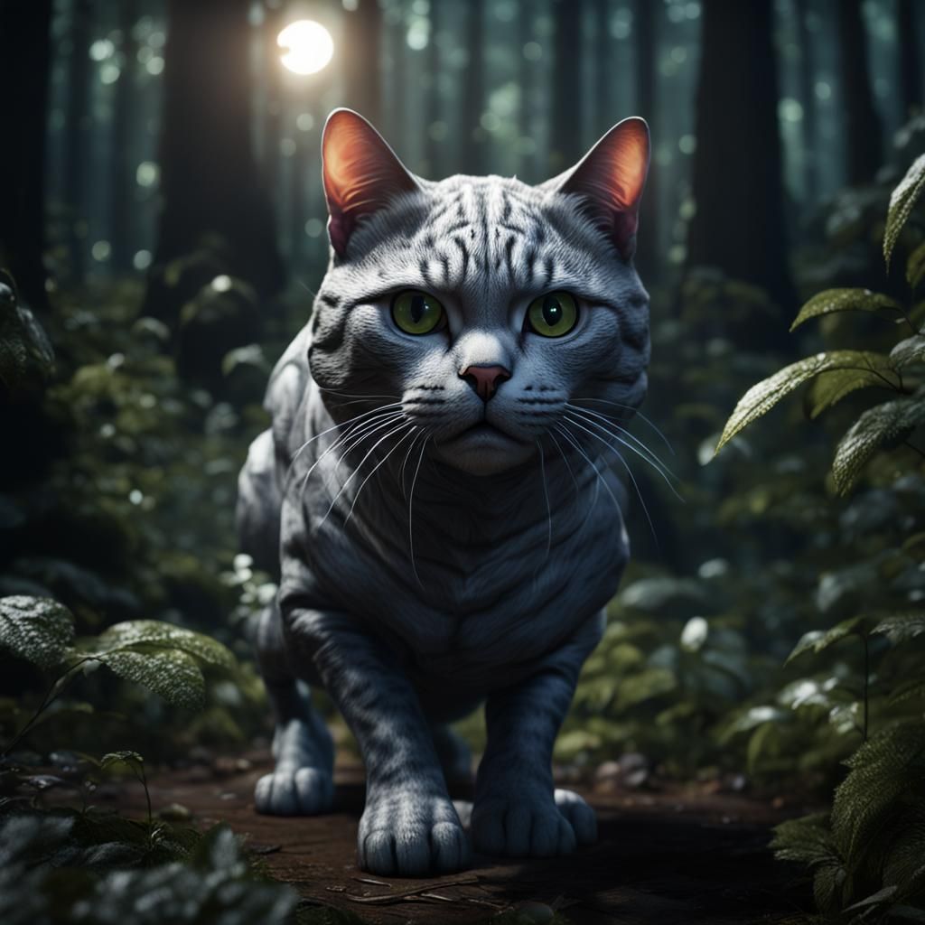 a cat with a glass head looks like a brain, wandering in the...