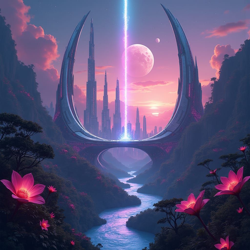 hyper-detailed, surreal landscape where a futuristic city floats in the sky above an ancient, overgrown rainforest. The city should have lum...