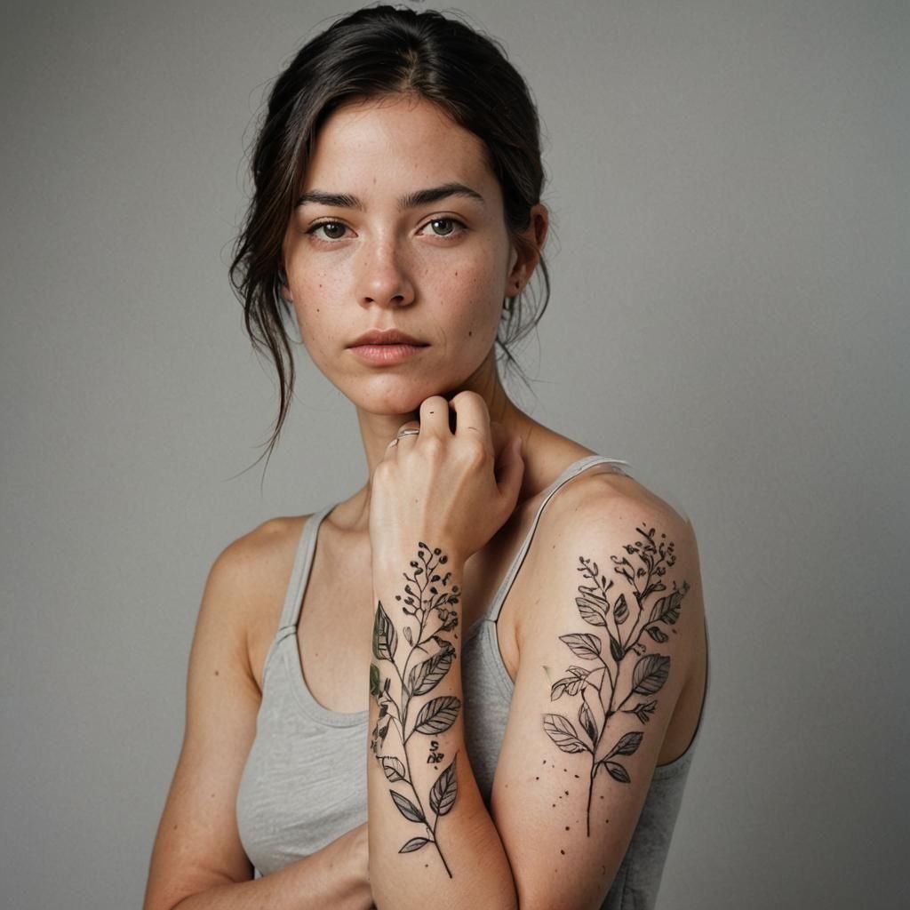 Woman with Minimalist Plant Tattoo Art