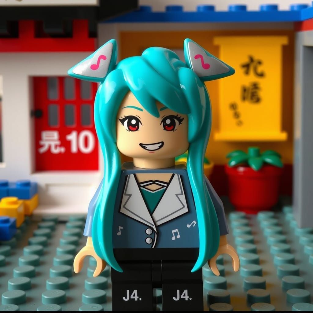 *"Miku in Bricks"*
A Lego minifigure portrait of Hatsune Miku, featuring her iconic turquoise hair styled in signature t...