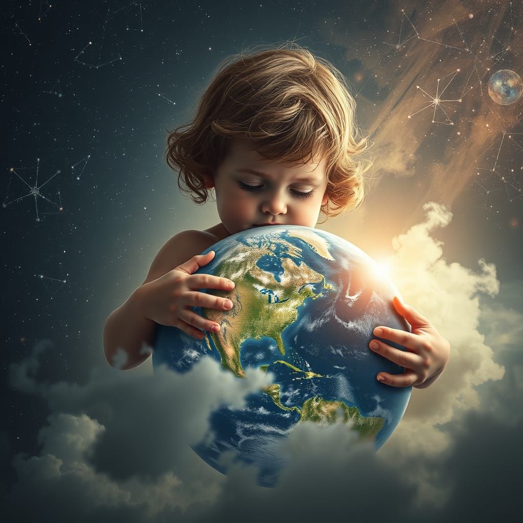Huge planet Earth in the hands of a beautiful child,starry sky,constellations,photorealism,1/250c,elegant,bohemian ...  by @Russell 