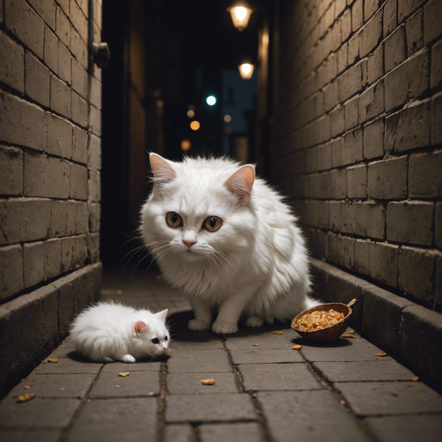 In a quiet corner of a dimly lit alley, a fluffy Human Big E...