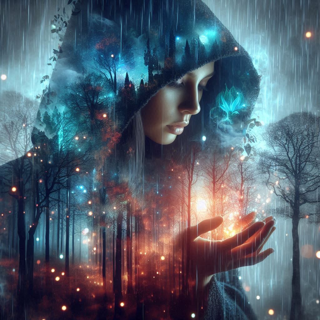 double exposure beautiful fantasy DALL-E 3 portrait landscape..